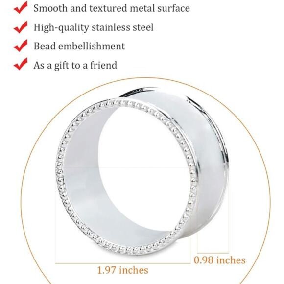 6 Pcs Stainless Steel Bead Side Napkin Rings Delicate Serviette Buckles (Silver) - Picture 2 of 7